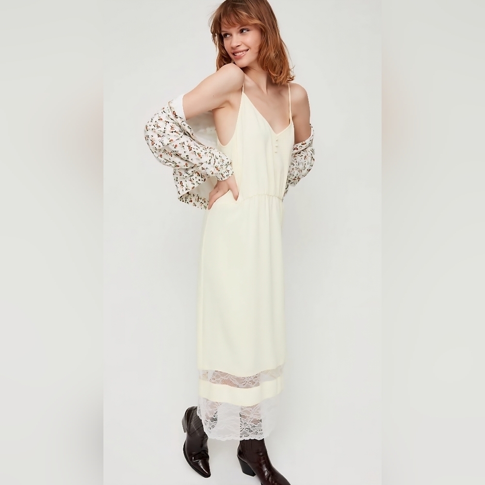 Aritzia Little Moon Butter Yellow Lace Trim Aurora Midi Dress Size XS - Picture 2 of 16